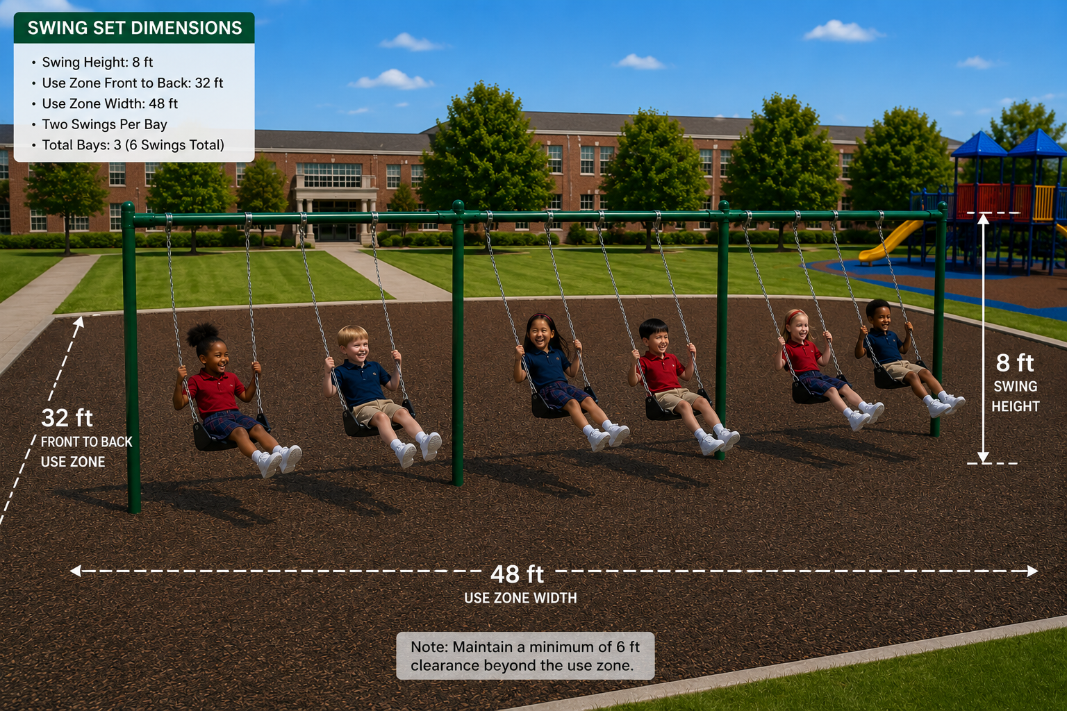 8 Feet High Elite Single Post Swing - 3 Bays