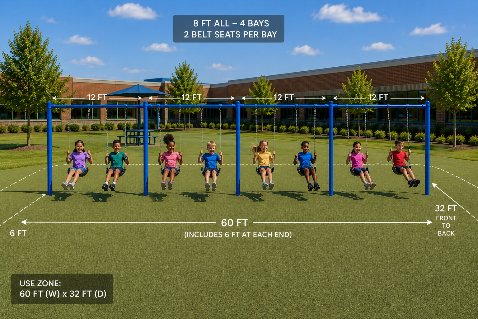 8 Feet High Elite Single Post Swing - 4 Bays