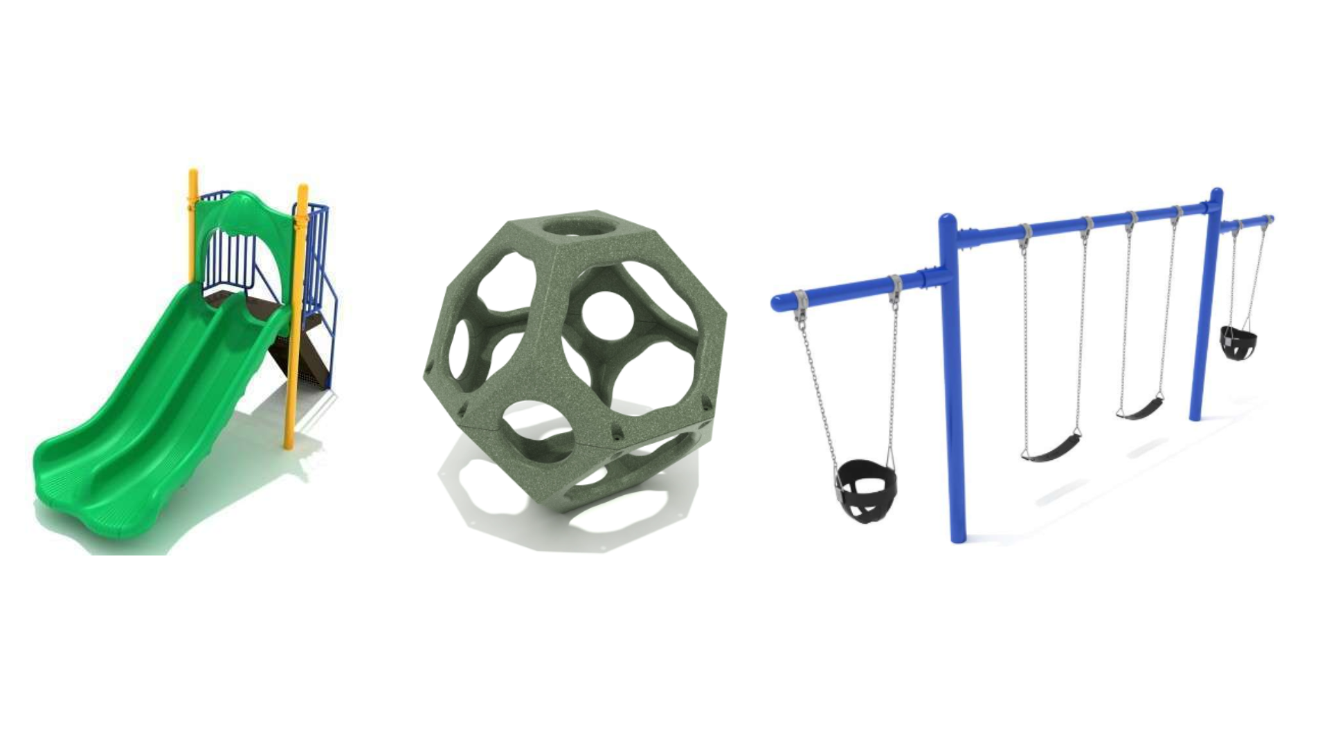 Playground equipment for daycares including a small slide, geometric climbing dome, and swing set designed for active outdoor play and early childhood development.